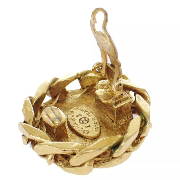 Auth CHANEL CC Logo Round Button Earrings 23 Rhinestone Clip-On GHW Vintage - Picture 6 of 9